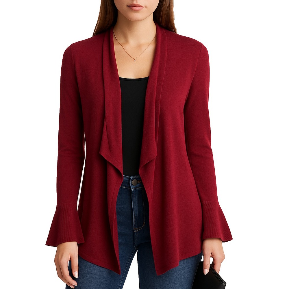 White House Black Market Womens M Burgundy Knit‎ Cardigan Sweater Flared Cuff